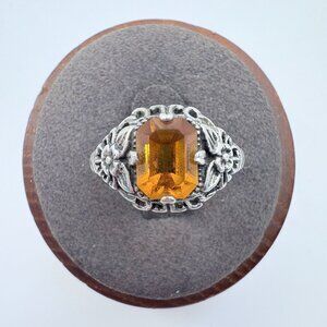 VTG Sterling Silver 925 Amber Prong Set Floral Design Statement Ring Size 7